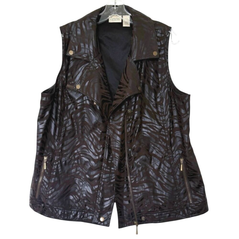 Faux Leather Animal Print Vest Zebra Print Moto Vest Chocolate Brown Size 3 (XL)